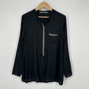 Transit Par Such Long Sleeve Blouse Cotton Blend Crew Neck Henley Top, Black